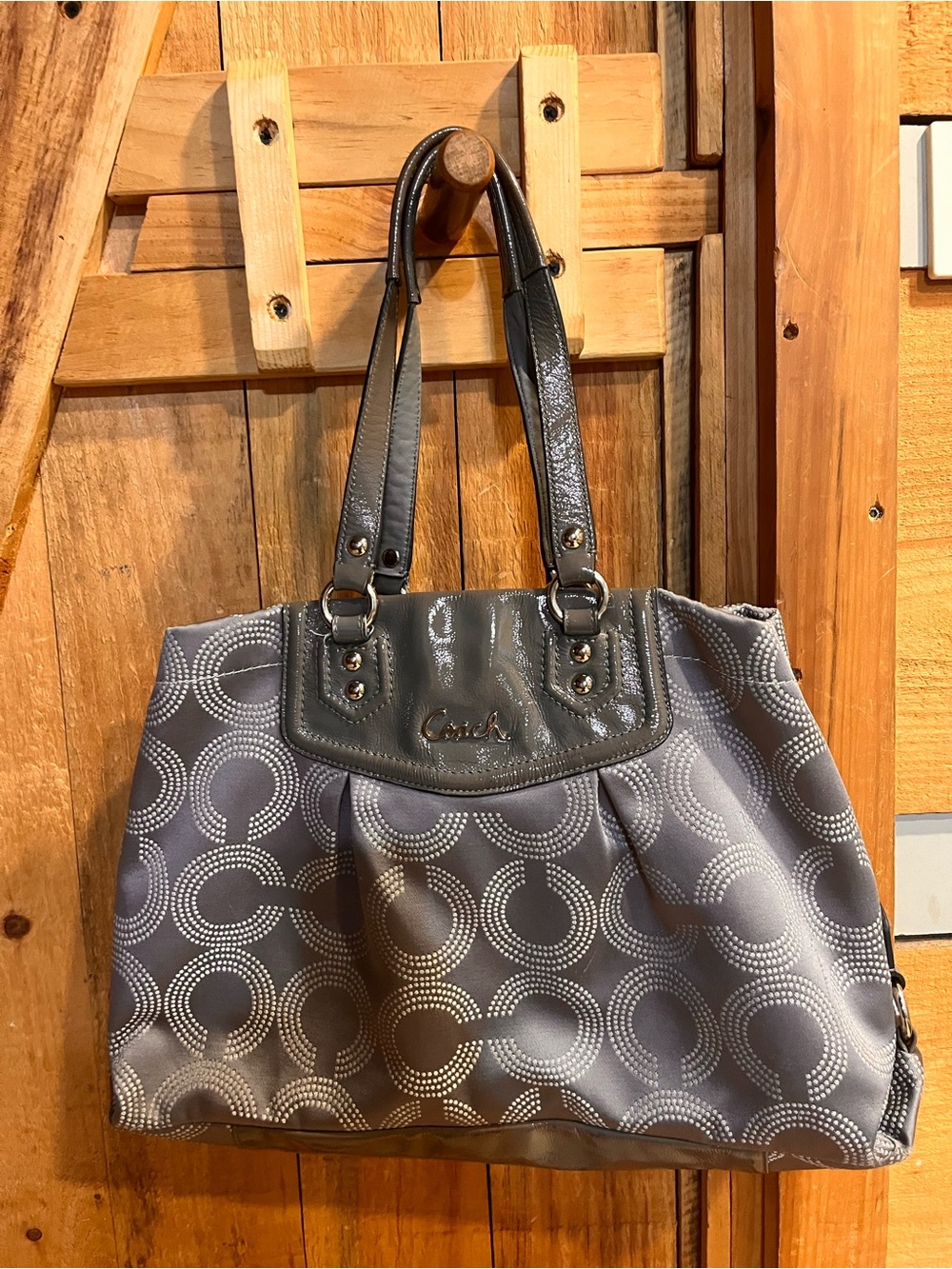 Coach Ashley Dotted Op Art Satchel Gray Patent Leather Carryall F20049